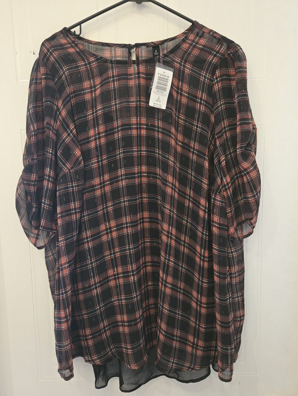 NWT TORRID Size 2 Sheer MetalliC Plaid Chiffon Peasant Top